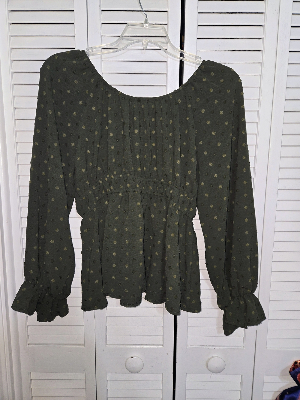 Women's Olive Green Peasant Blouse with Dotted Texture Boho - Picture 6 of 10